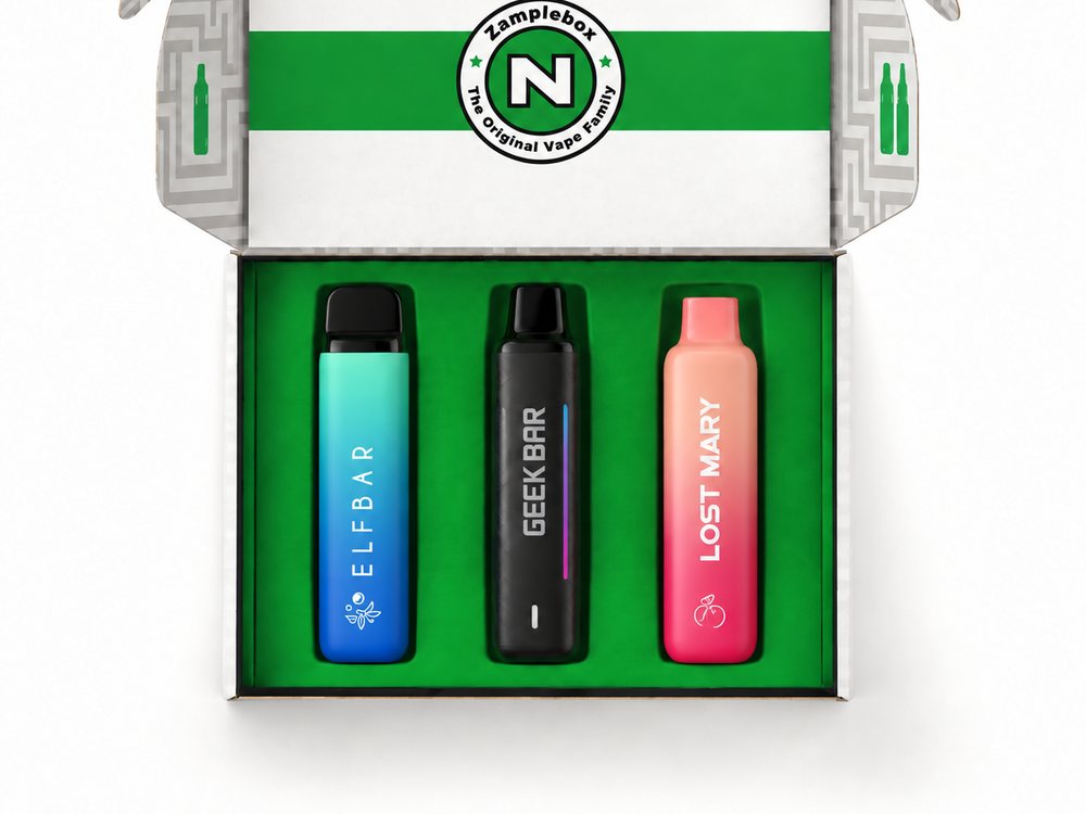 The Disposable Vape Box: three disposable vapes in the Zamplebox box
