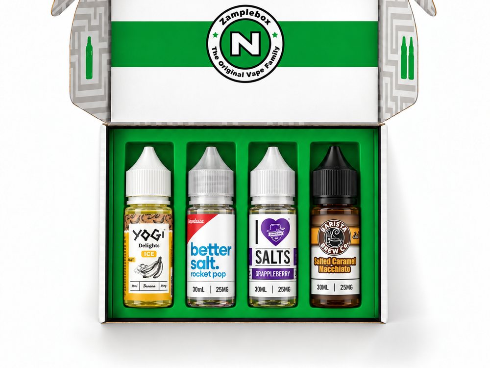 The Salt Nic Box: four 30 ml nicotine salt bottles in the Zamplebox box
