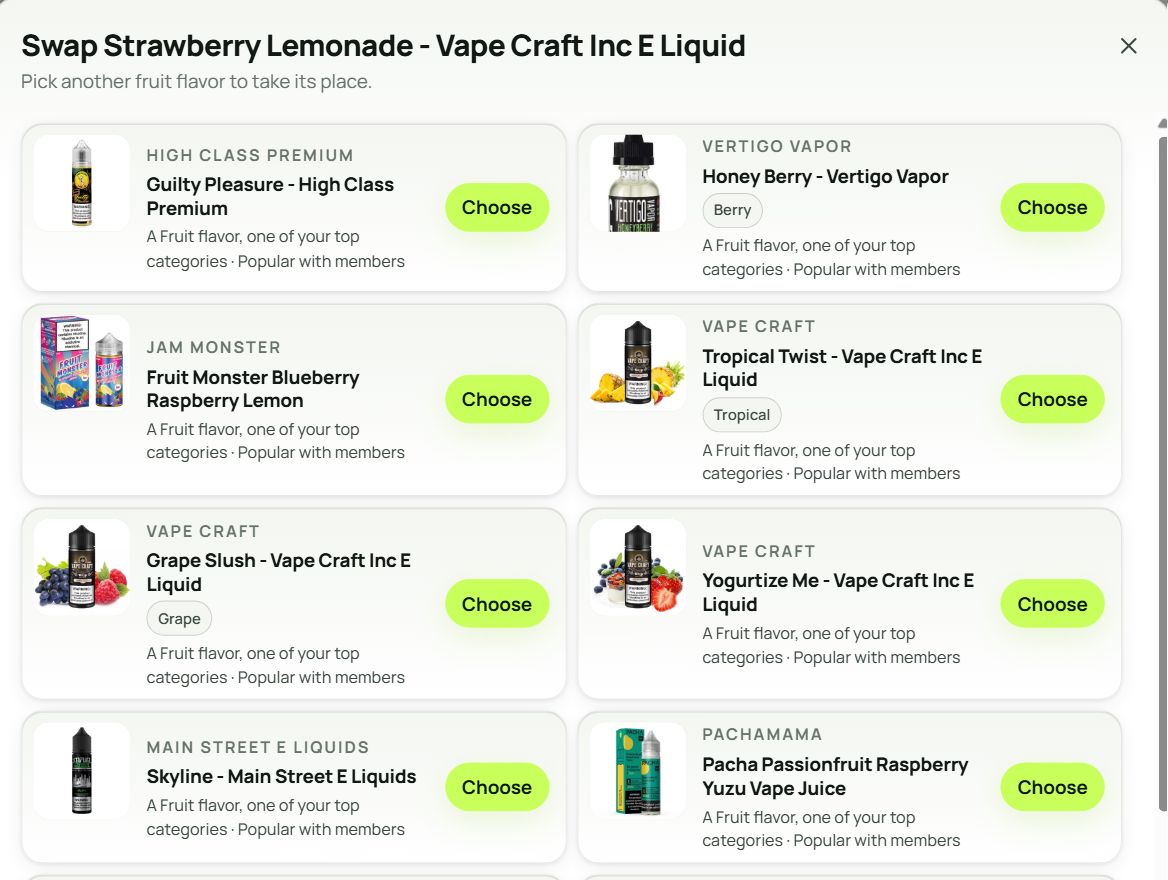 The swap sheet: a list of other fruit flavors that fit the profile, each with a Choose button