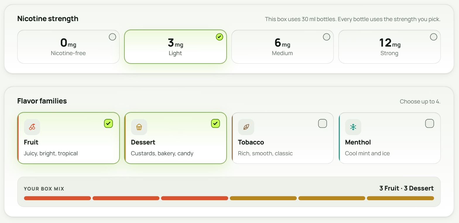 Nicotine strength and flavor family choices: 3 mg, Fruit and Dessert, with the box mix shown as three fruit and three dessert bottles